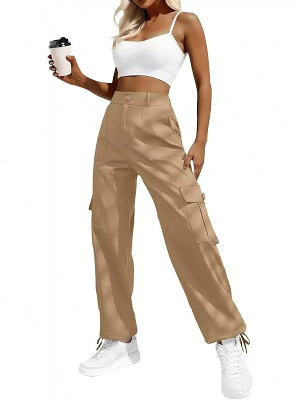 High-Waisted Cargo Pants with Drawstring Cuffs
