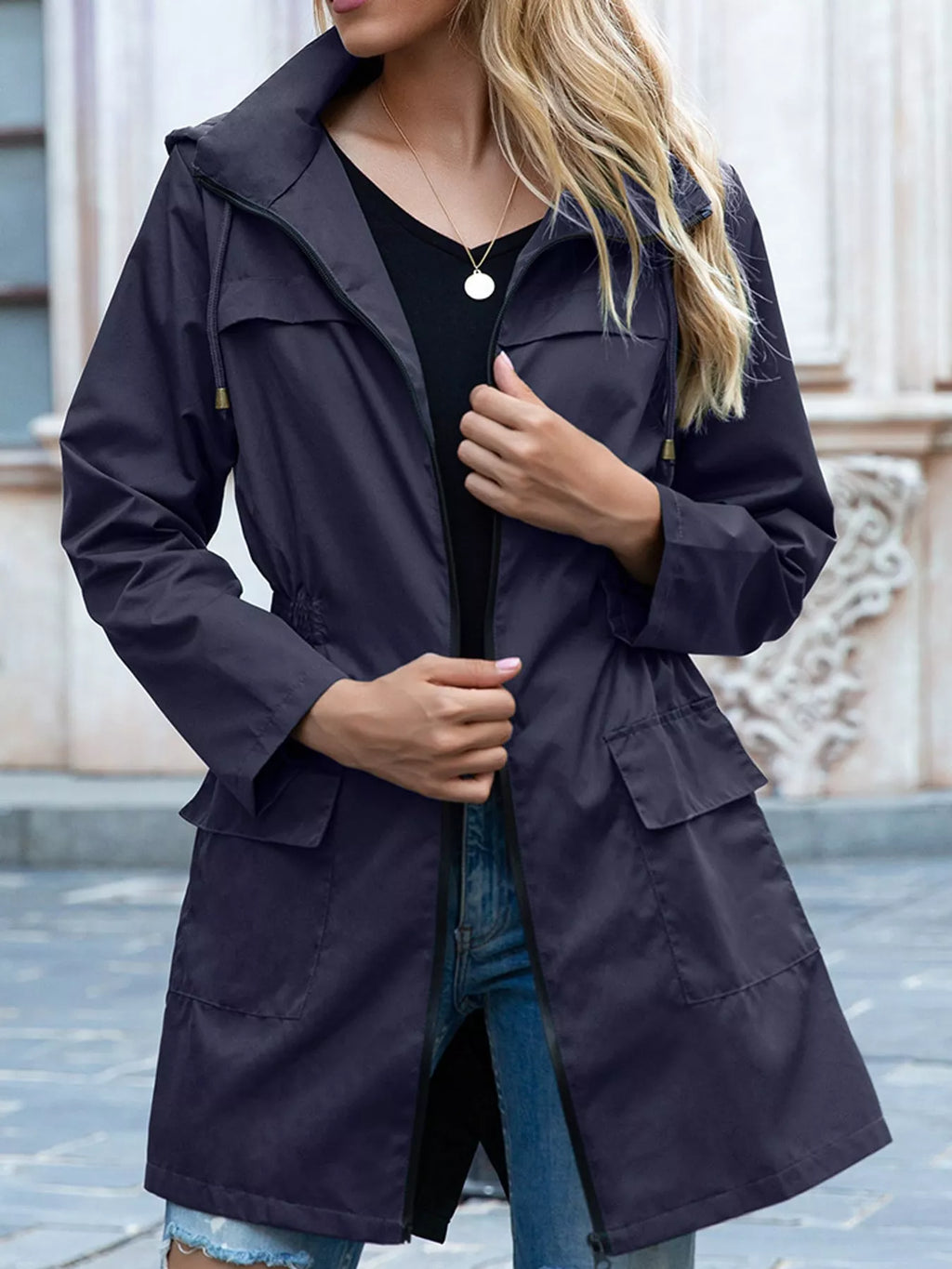 Zip Up Drawstring Waist Hooded Jacket