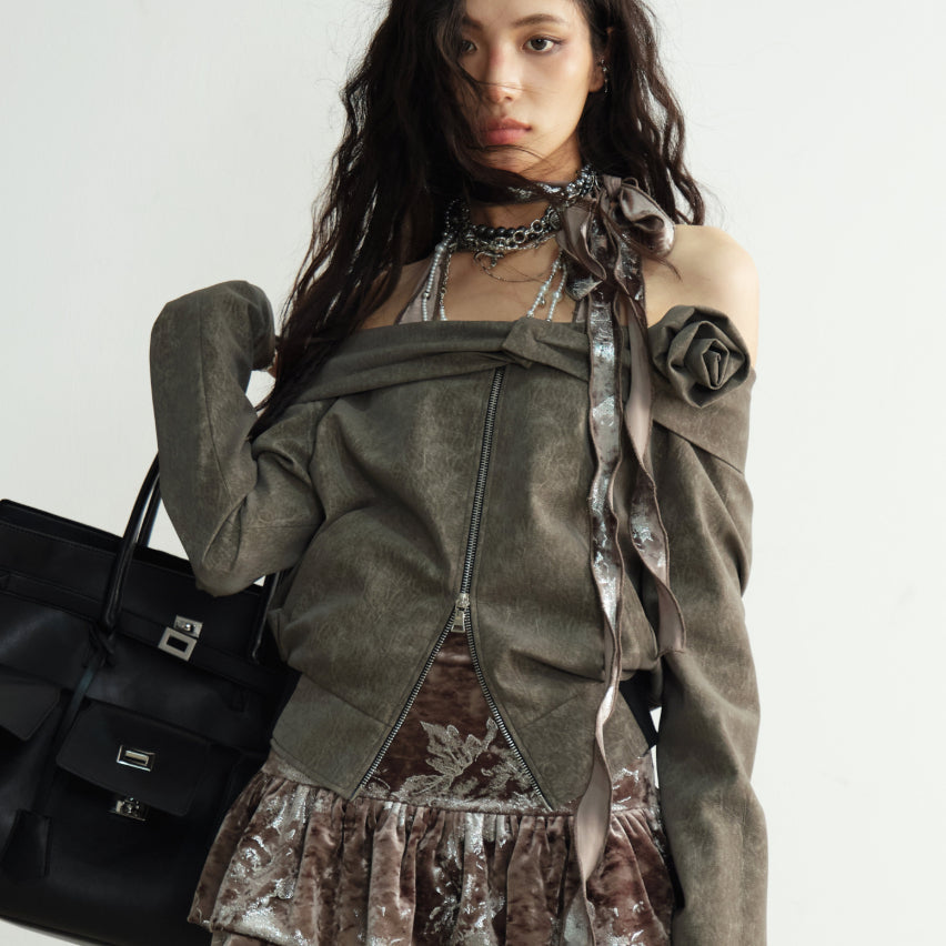 Coffee colored Three dimensional Floral accented Off shoulder Short Jacket