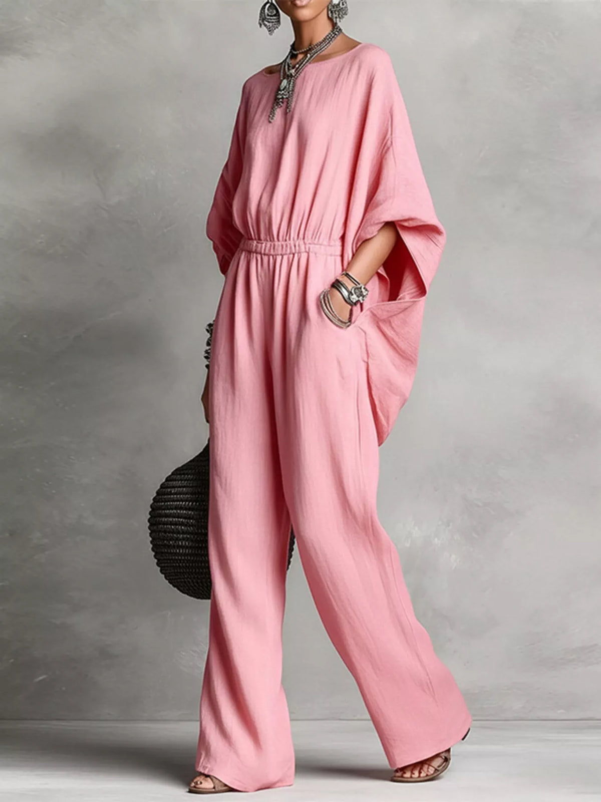 Full Size Boat Neck Batwing Sleeve Wide-Leg Jumpsuit Plus Size