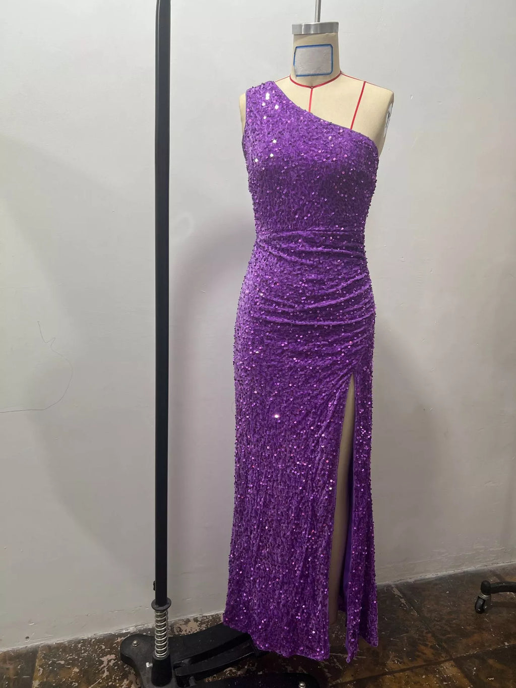 One-Shoulder Ruched Sequin High-Slit Evening Dress