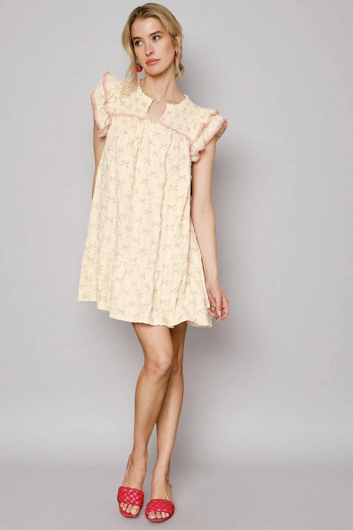 Umgee Bow Print Ruffled Cap Sleeve Mini Dress