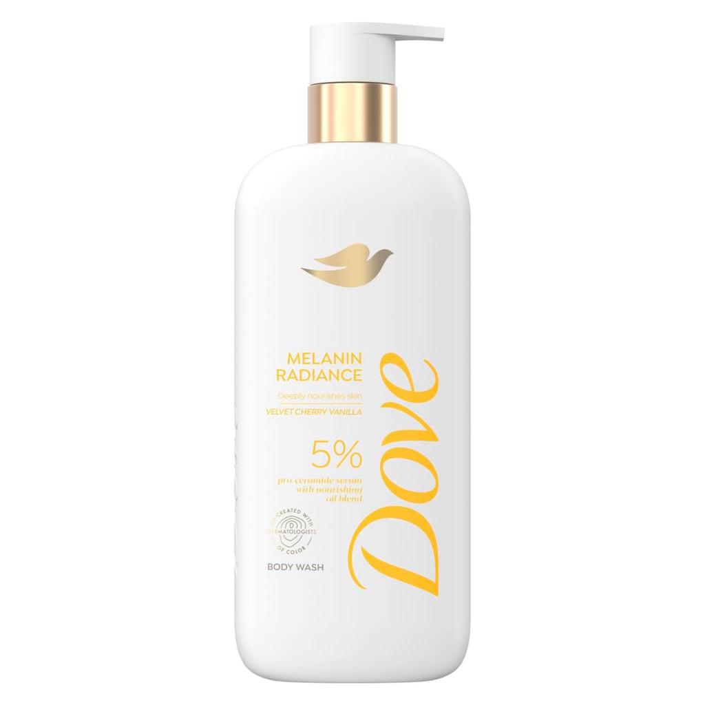 Dove Body Wash Melanin Radiance Nourishes for restored radiance 5% pro-ceramide serum with nourishing oil blend 18.5 oz