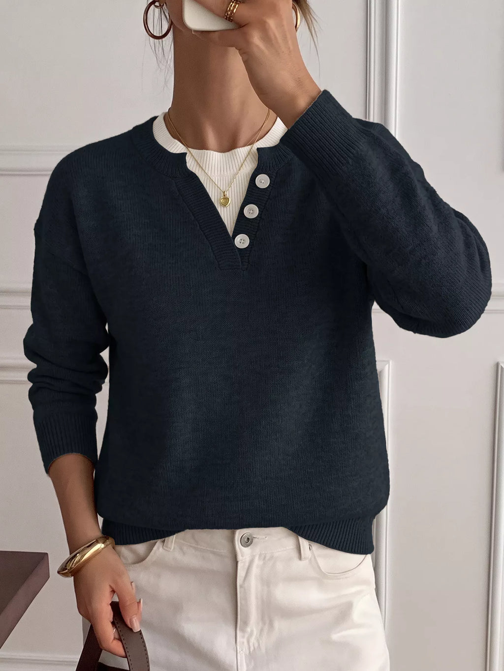 Dropped Shoulder Decorative Button Sweater