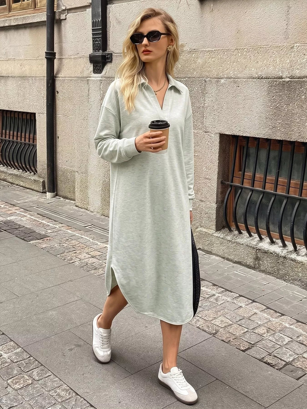 Polo Collar Long Sleeve Midi Dress