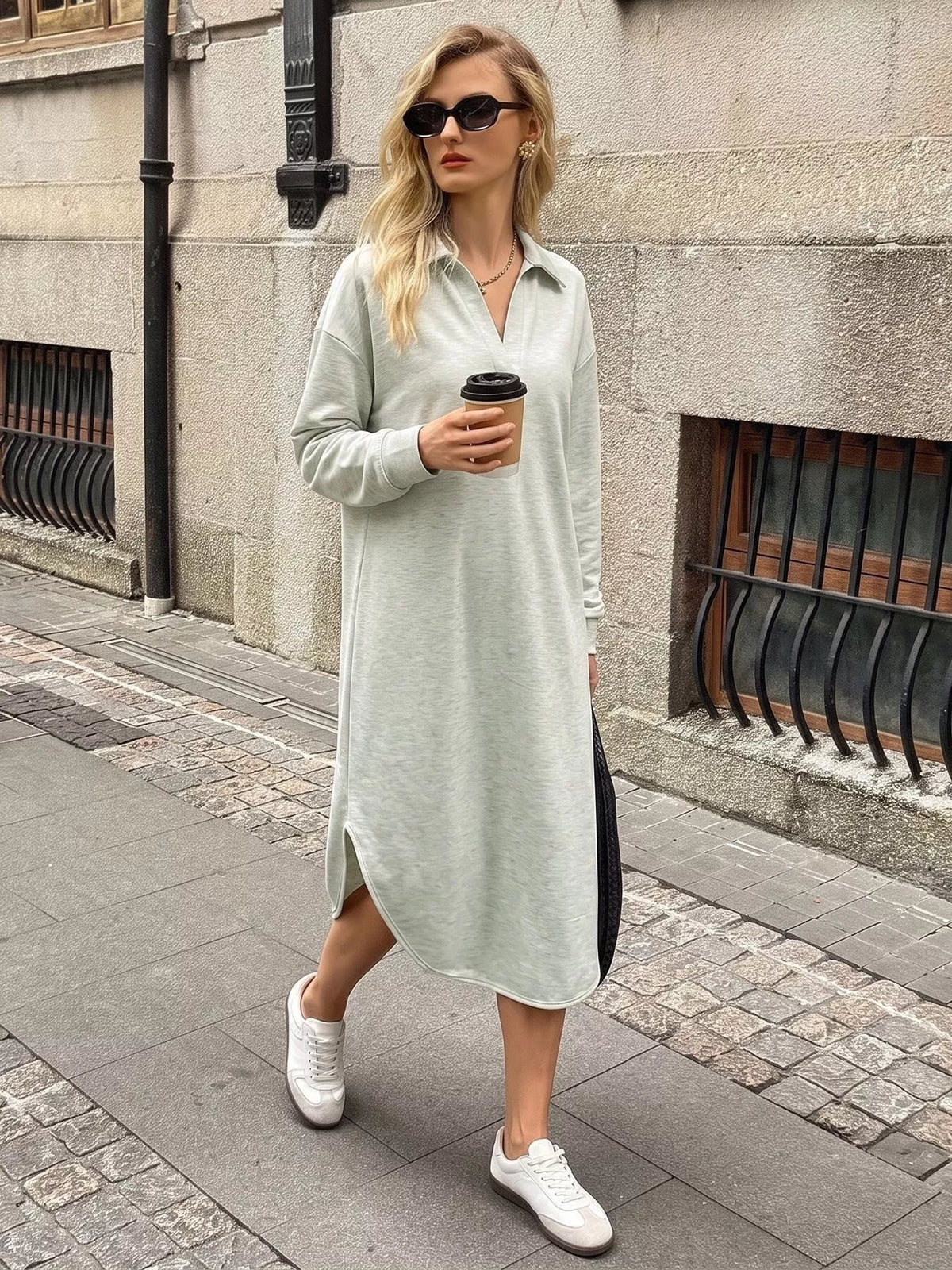 Polo Collar Long Sleeve Midi Dress