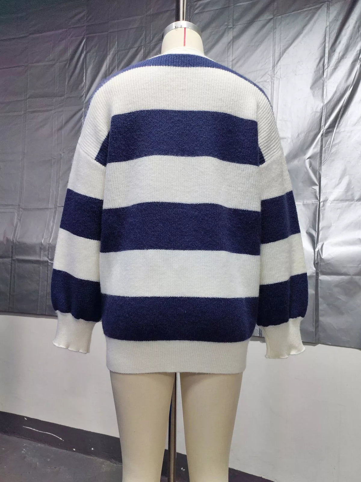 Striped V-Neck Button-Down Cardigan