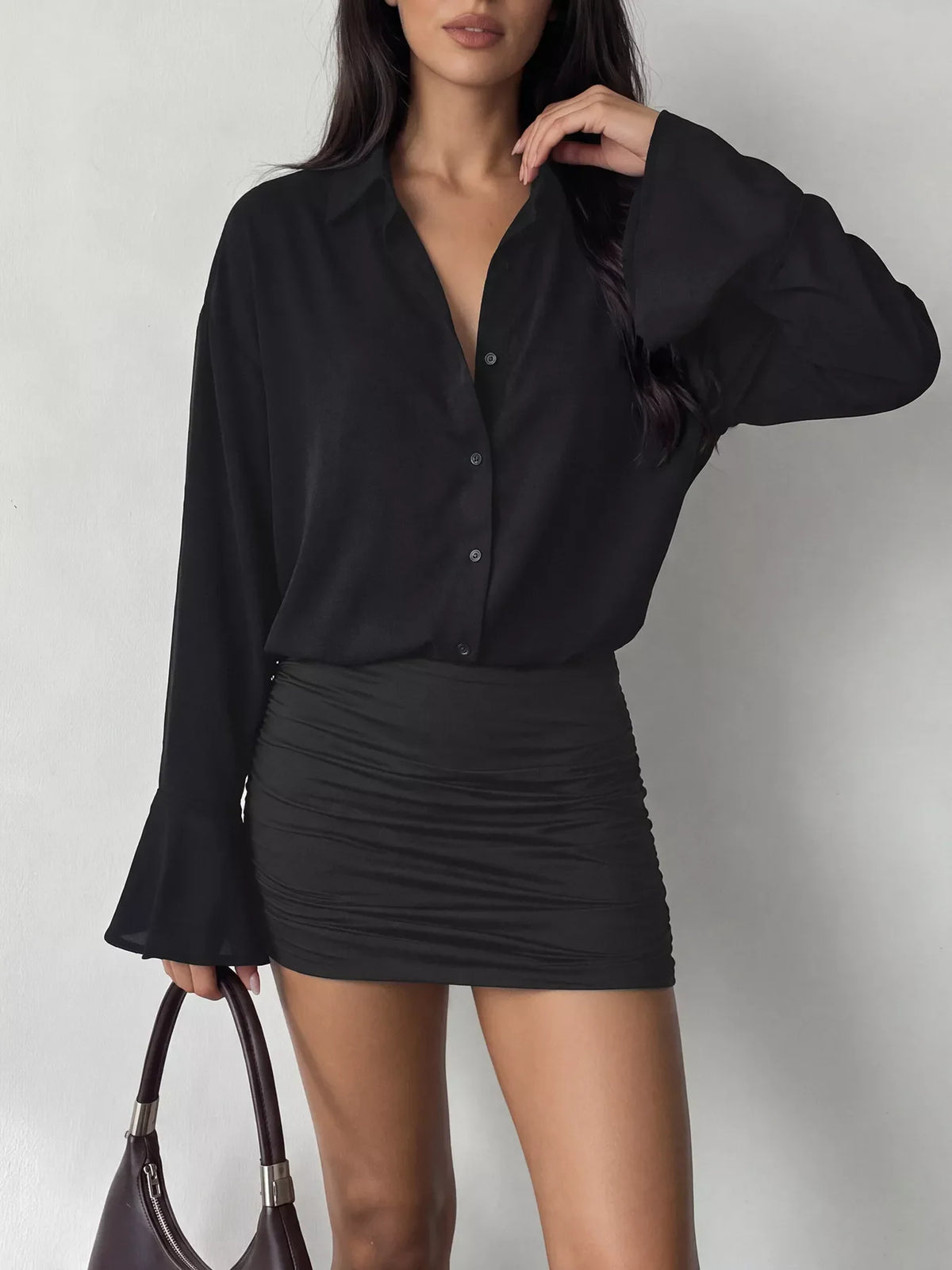 Button Front Flounce Sleeve Bodycon Shirt Dress