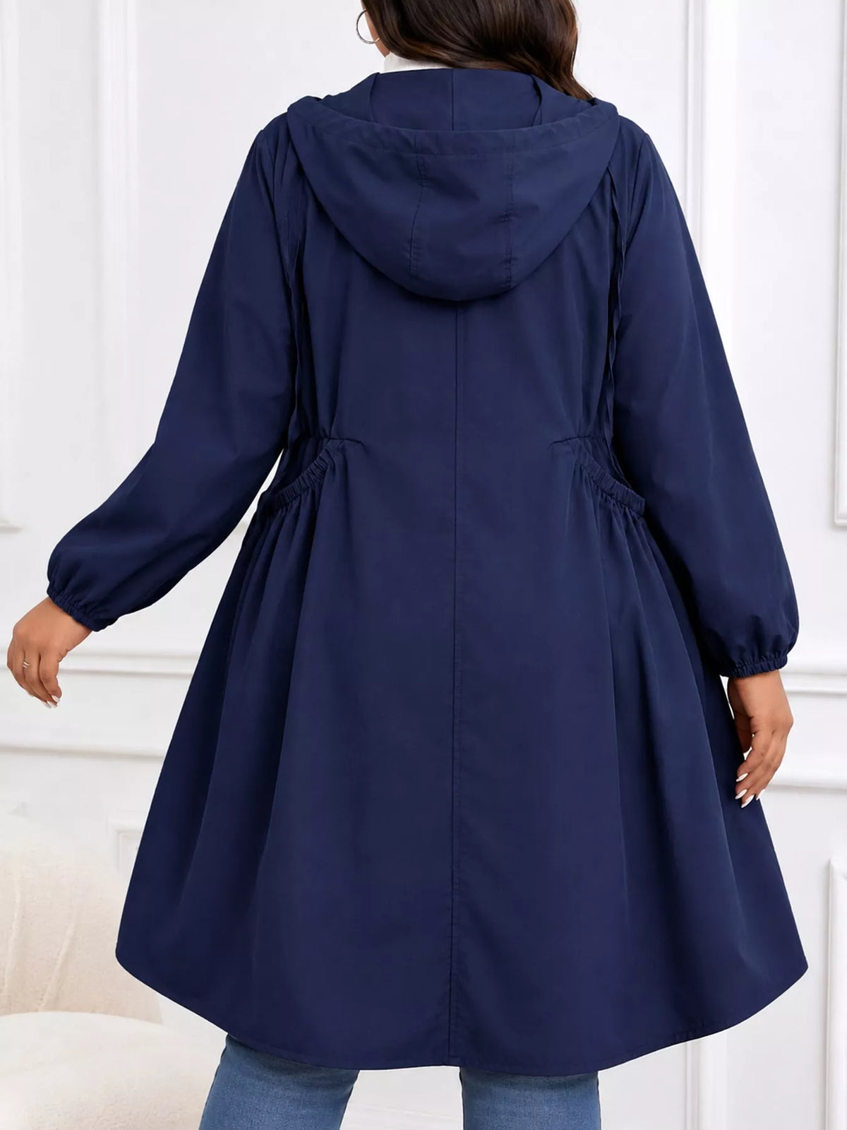 Plus Size Hooded Zip-Up Longline Windbreaker Outerwear