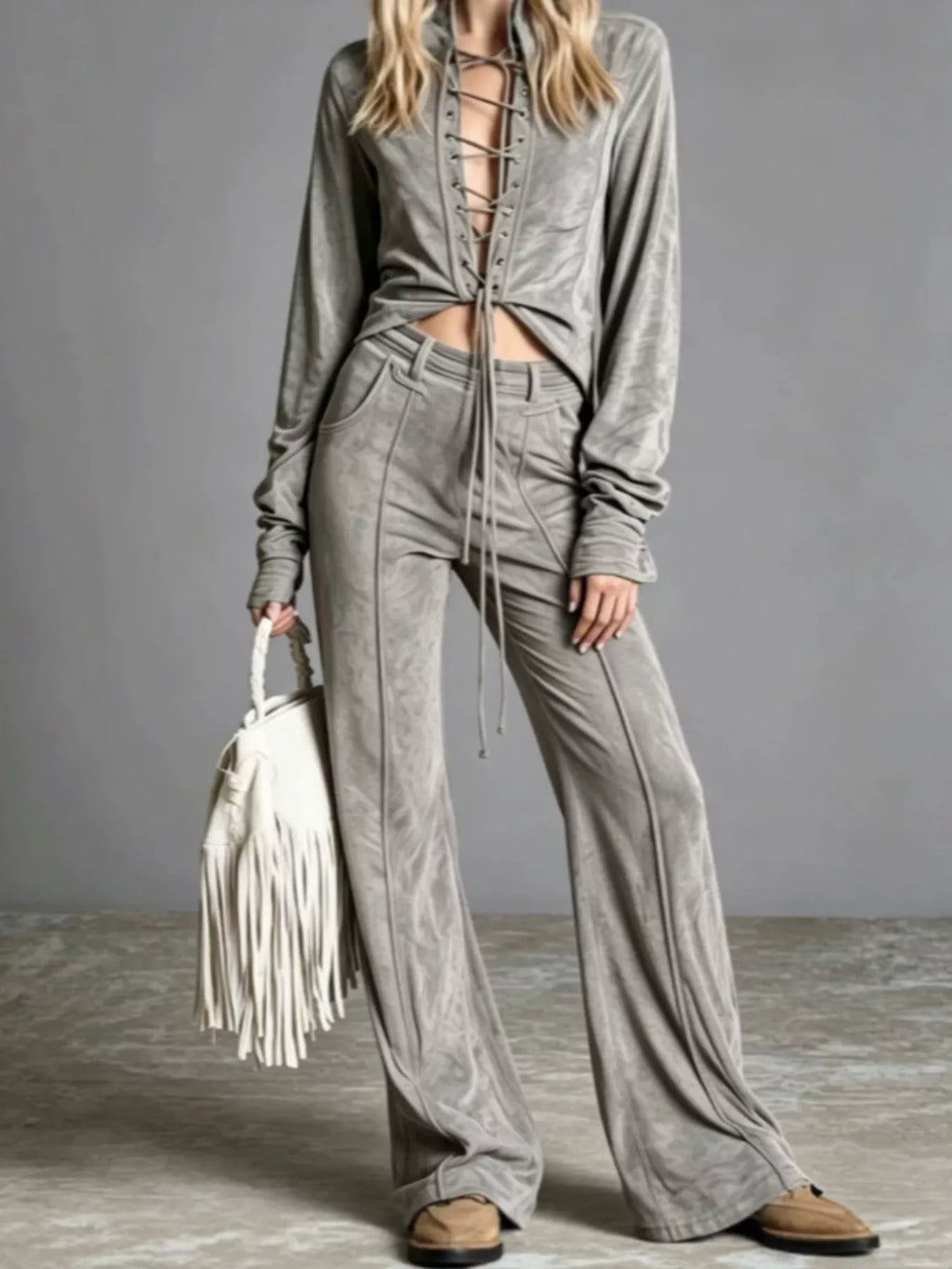 Full Size Lace-Up Long Sleeve Top and Wide-Leg Pants Set Plus Size