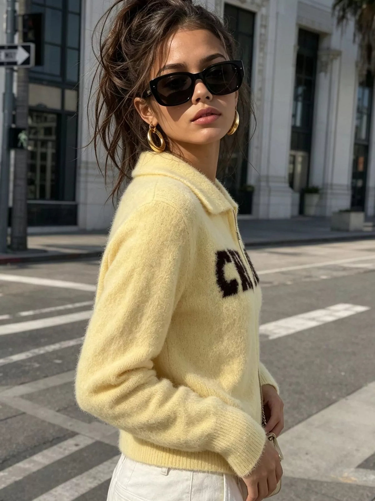 Fuzzy Letter Zip-Up Cardigan