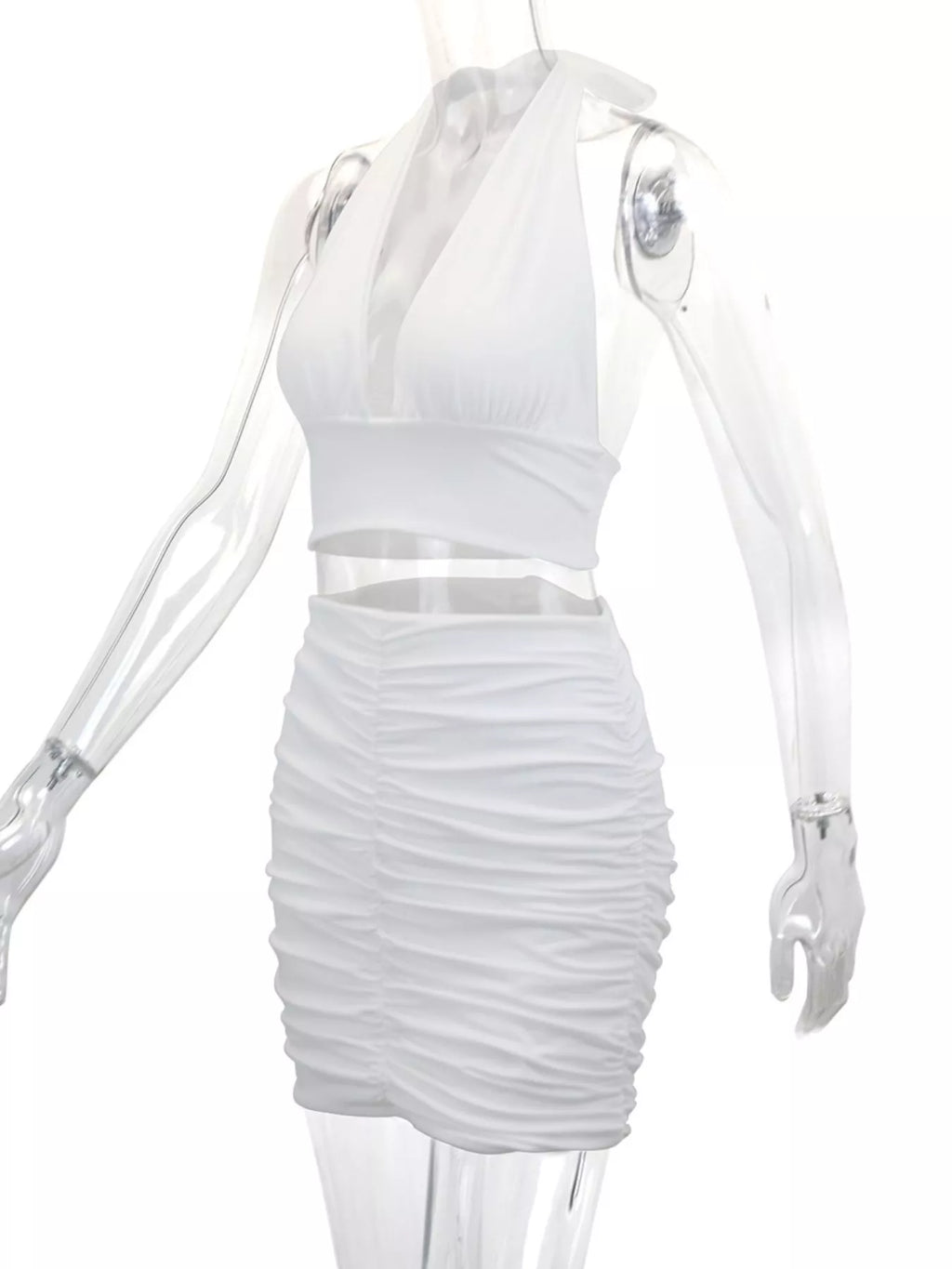 Halter Crop Top and Ruched Bodycon Mini Skirt Set