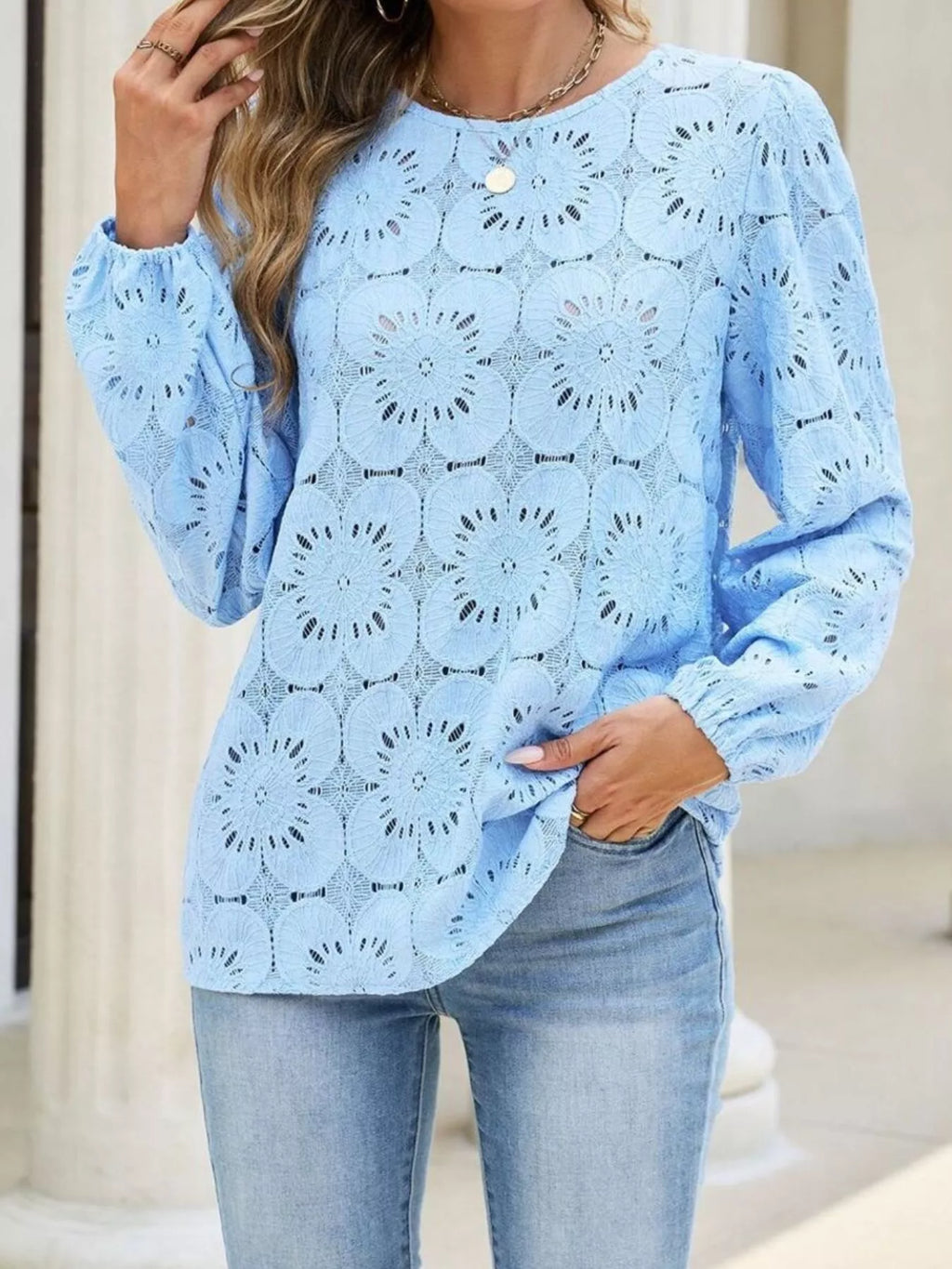 Floral Eyelet Lace Long Sleeve Blouse
