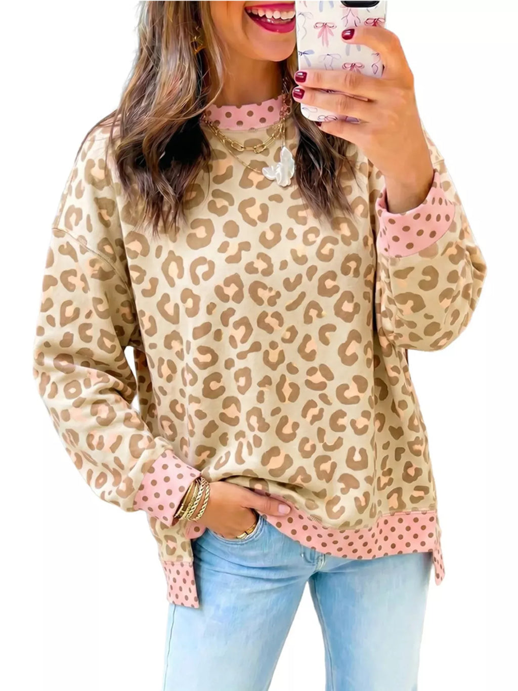 Side Slit Leopard Sweatshirt with Polka Dot Trim