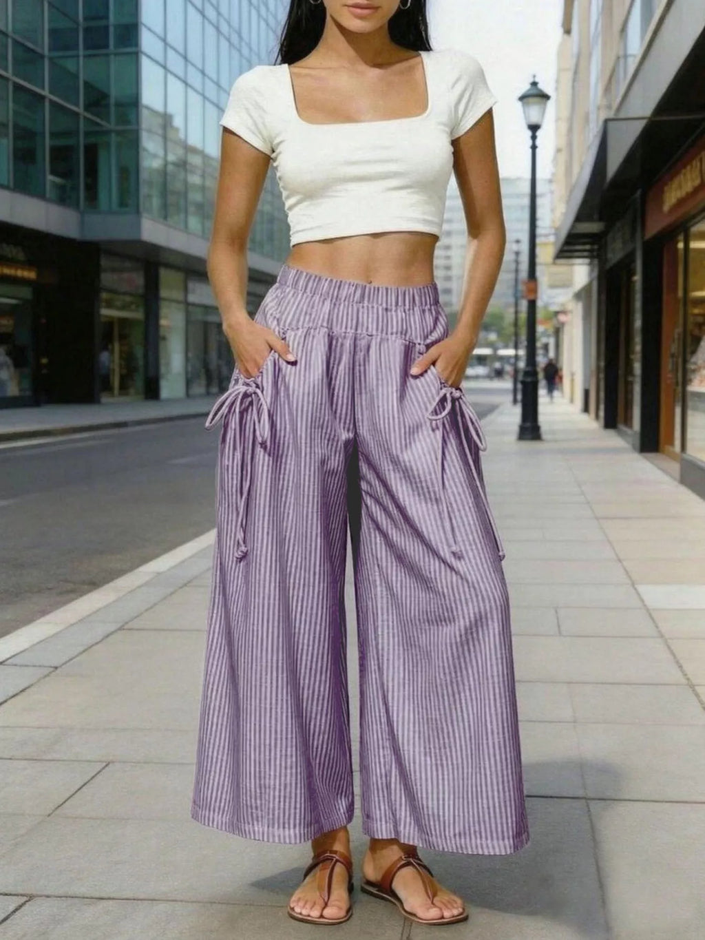 Full Size High-Waisted Striped Wide-Leg Pants Plus Size
