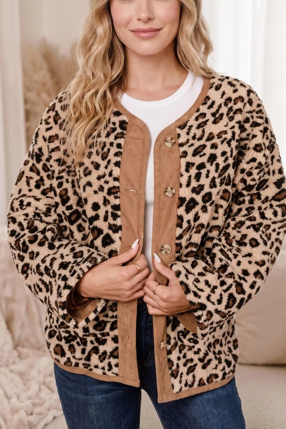 Leopard Plush Corduroy Trim Long Sleeve Jacket