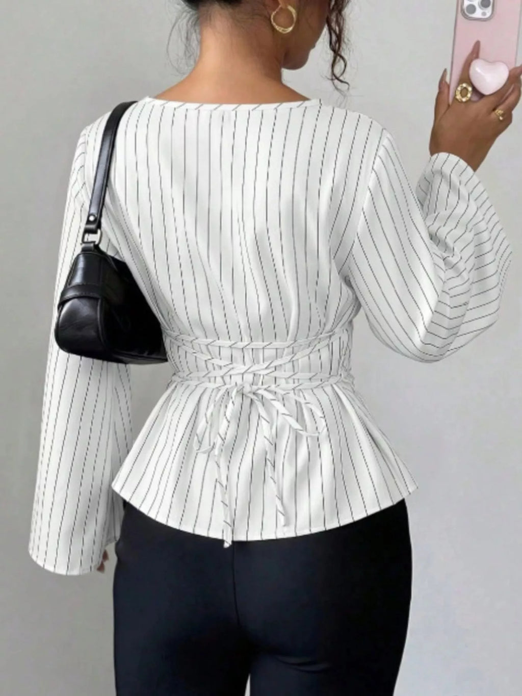Elegant Pinstriped Bell Sleeve Blouse with Back Lace Up