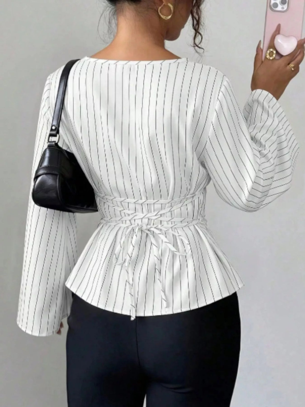 Elegant Pinstriped Bell Sleeve Blouse with Back Lace Up