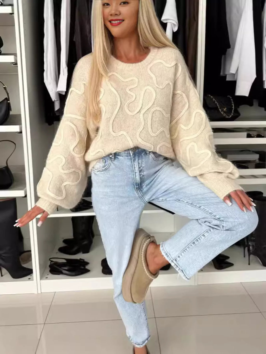 Abstract Pattern Oversized Round Neck Sweater