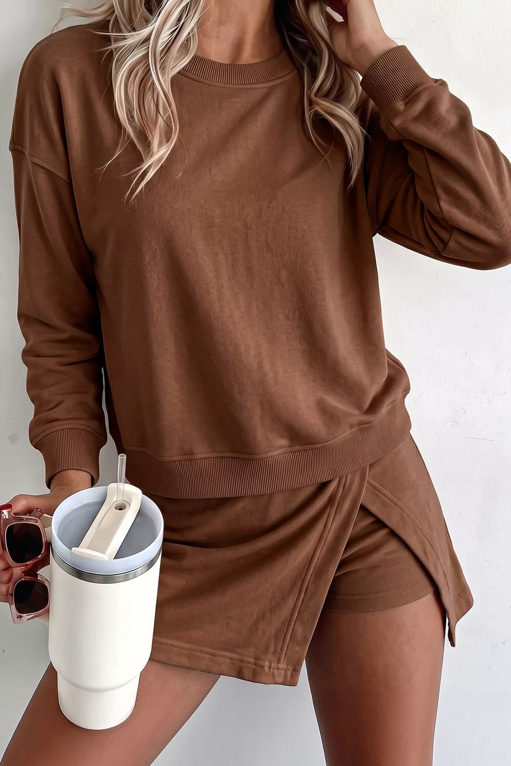Solid Color Long Sleeve Top Split Skort 2pcs Outfit