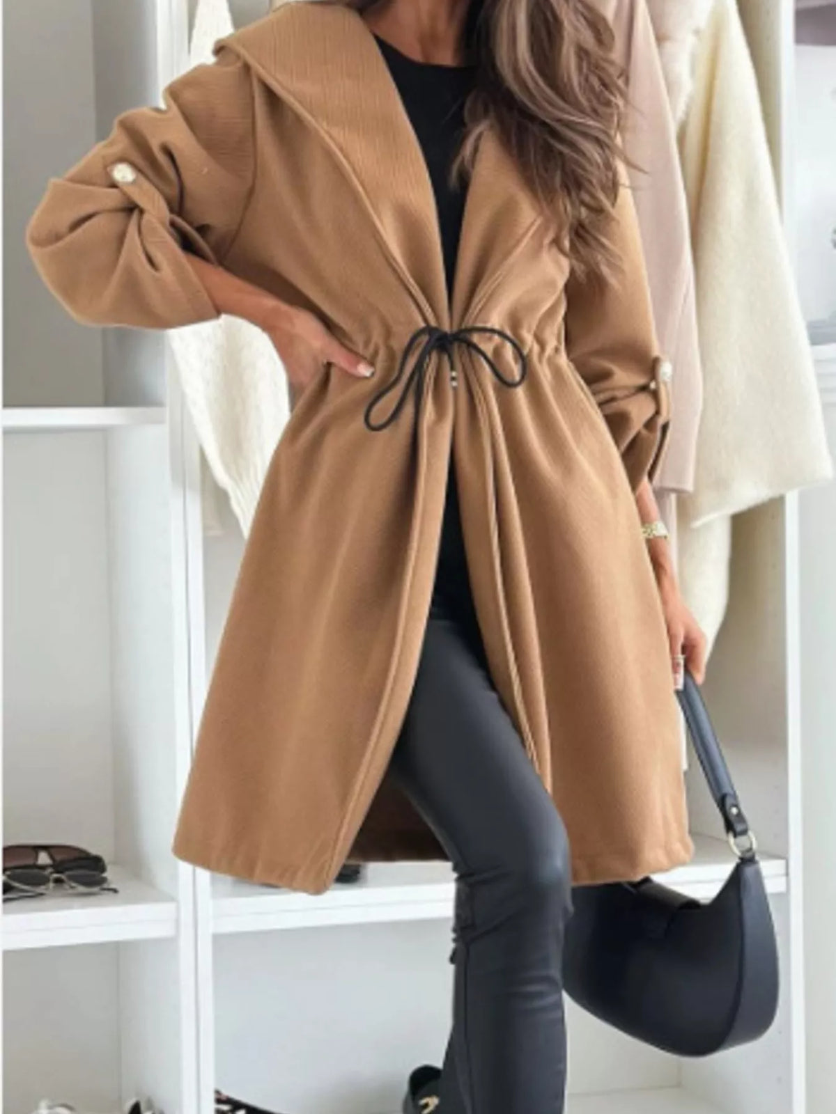 Full Size Hooded Drawstring Waist Casual Outerwear Plus Size
