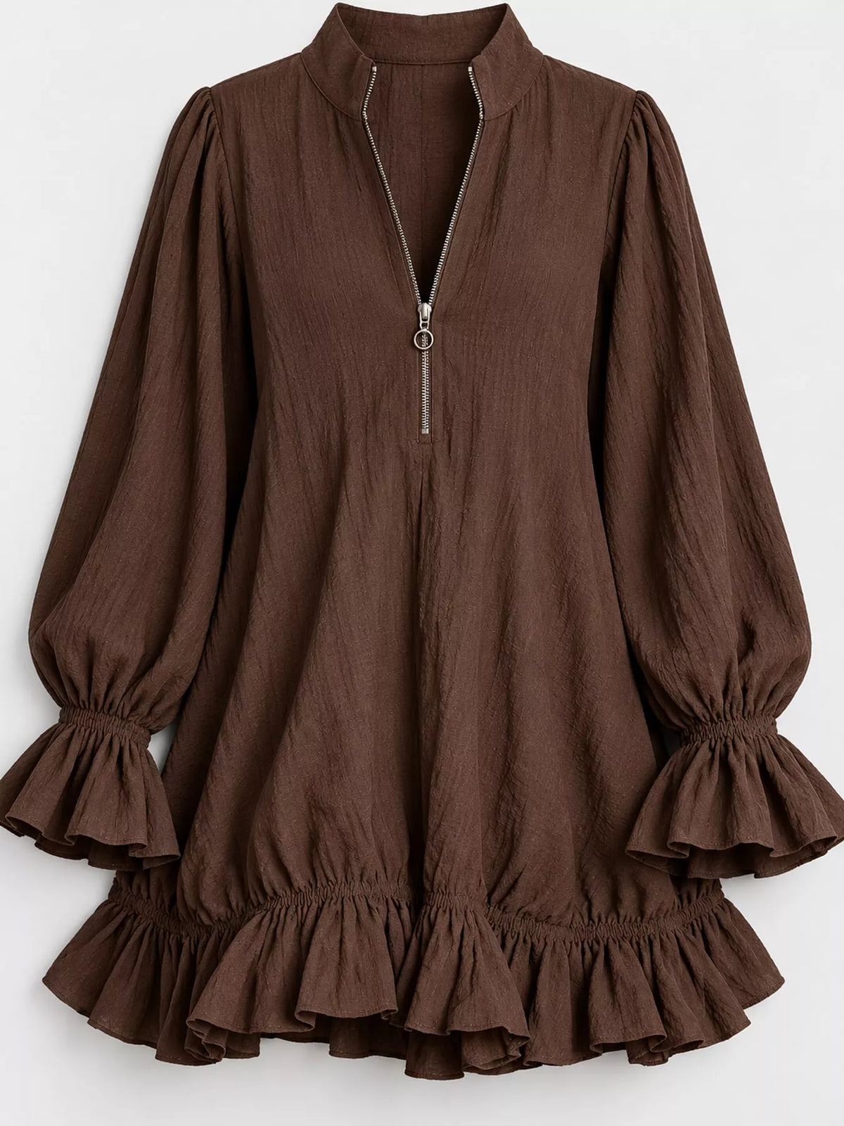 Zipper-Front Ruffle Hem Mini Dress