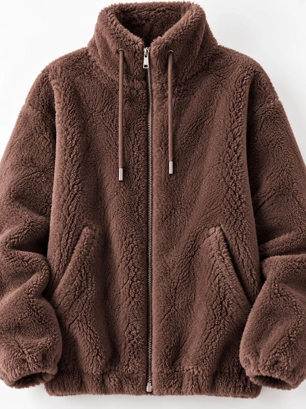 Full Size Drawstring Faux Fur Stand-Collar Zip-Up Outerwear Plus Size