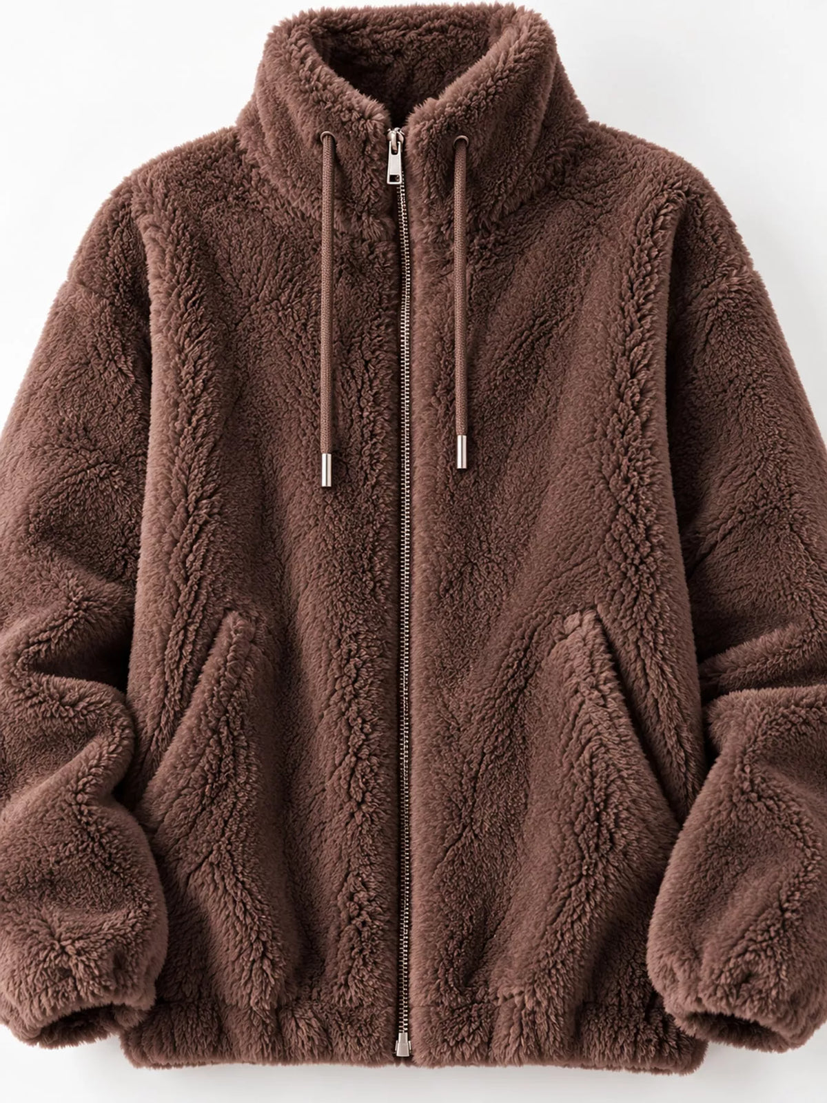 Full Size Drawstring Faux Fur Stand-Collar Zip-Up Outerwear Plus Size