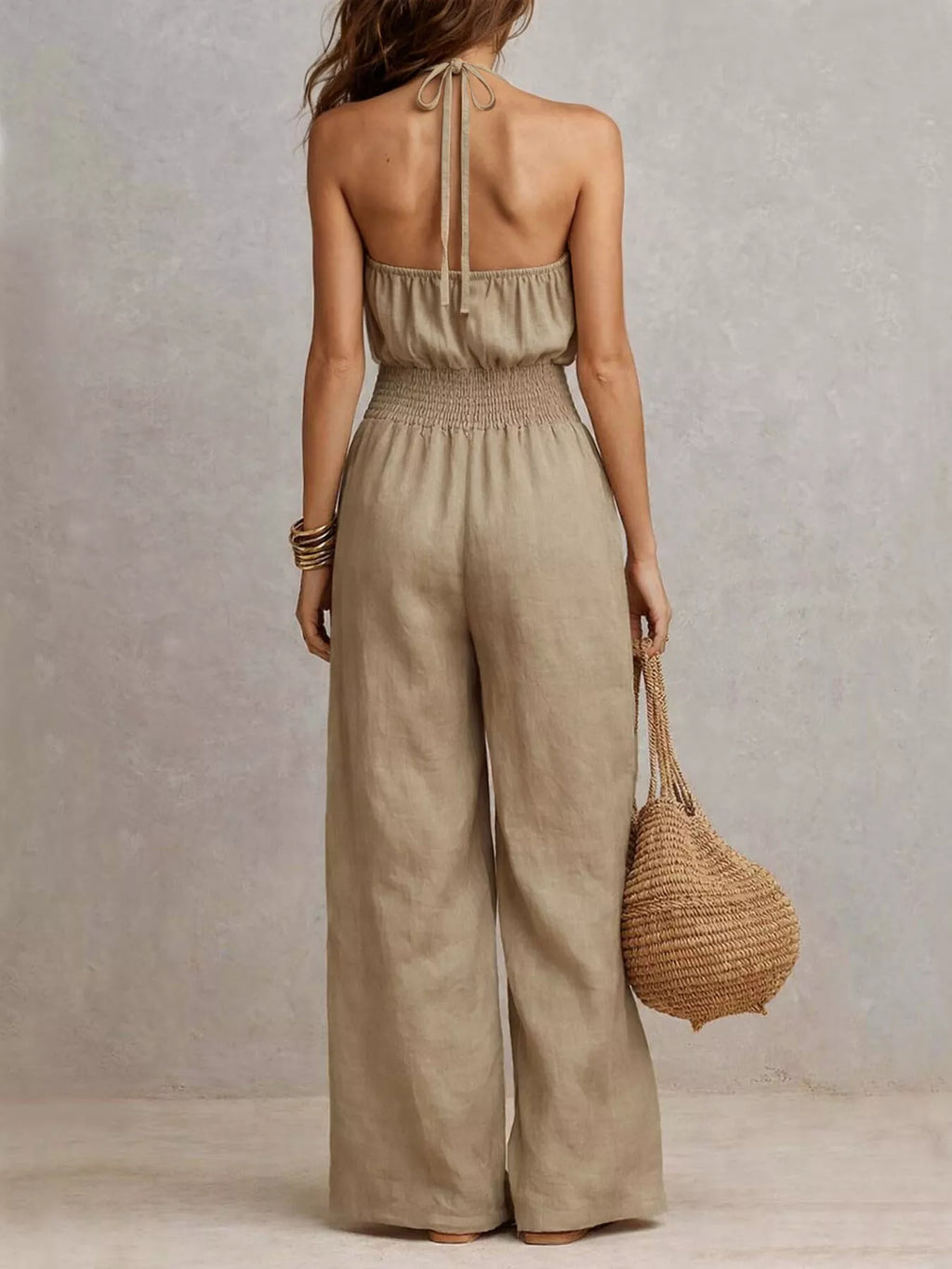 Halter Neck Wide-Leg Jumpsuit with Smocked Waist