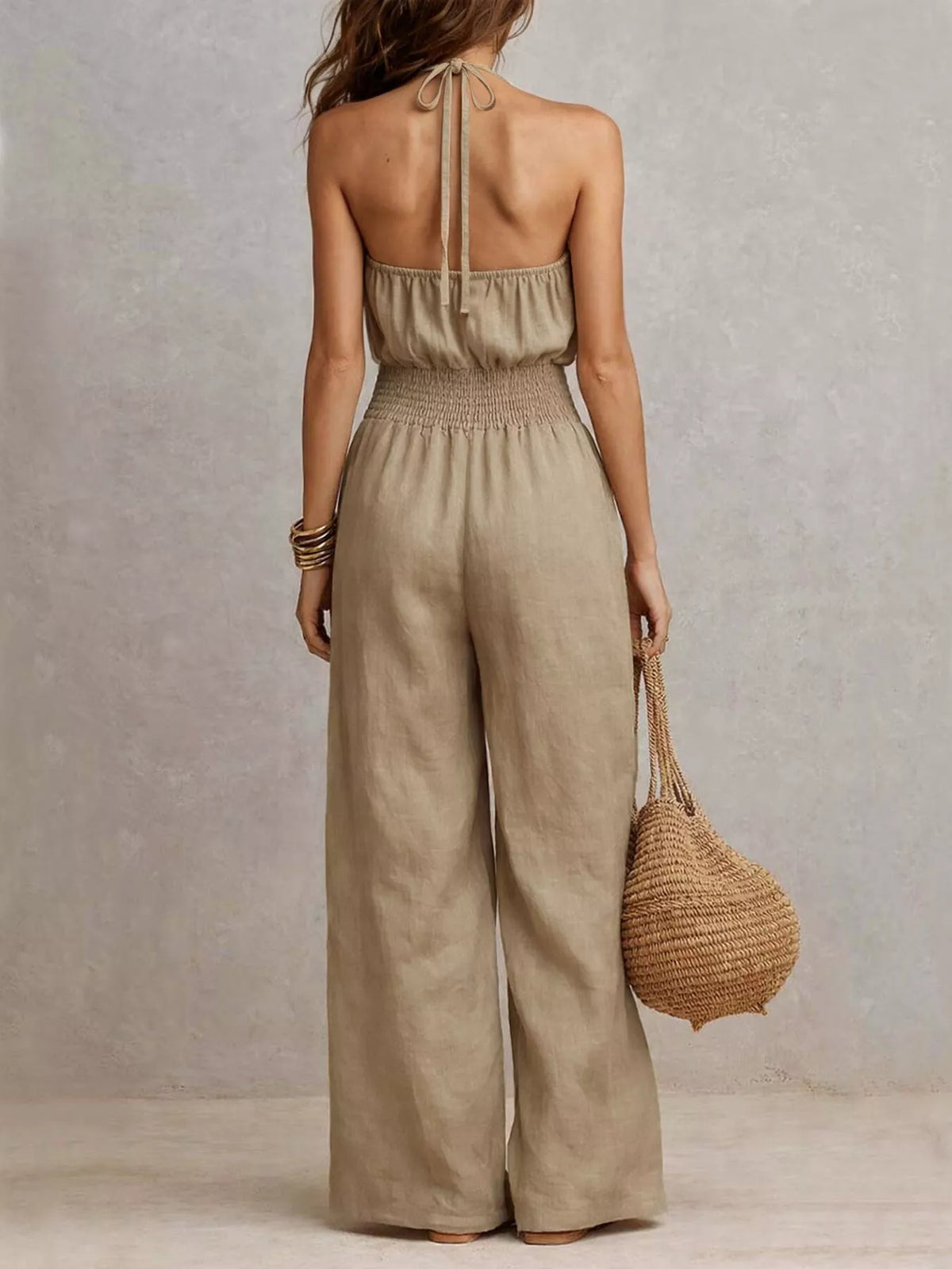 Halter Neck Wide-Leg Jumpsuit with Smocked Waist