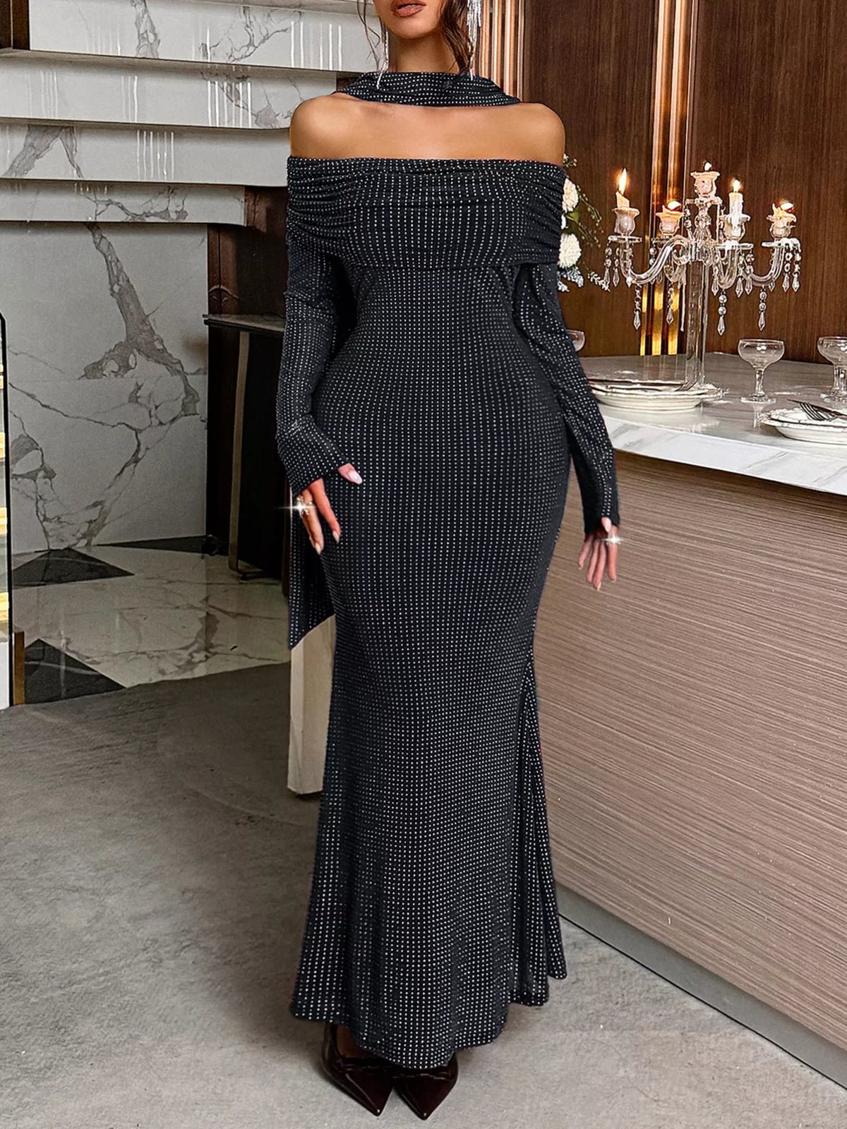 Off-Shoulder Scarf Bodycon Maxi Dress
