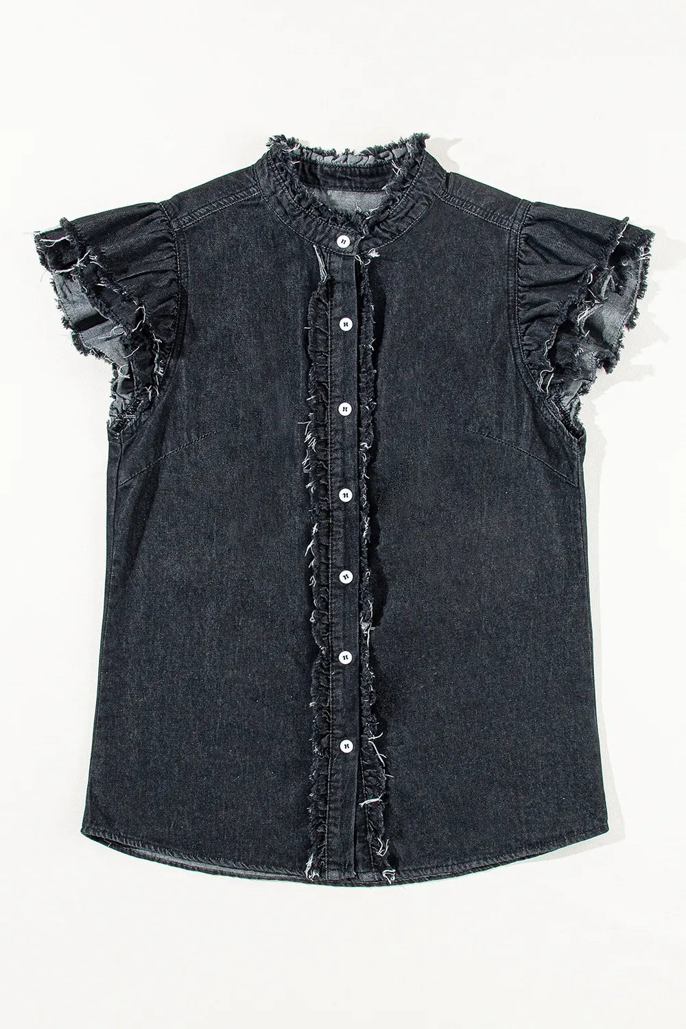 Button Down Raw Hem Ruffled Denim Shirt