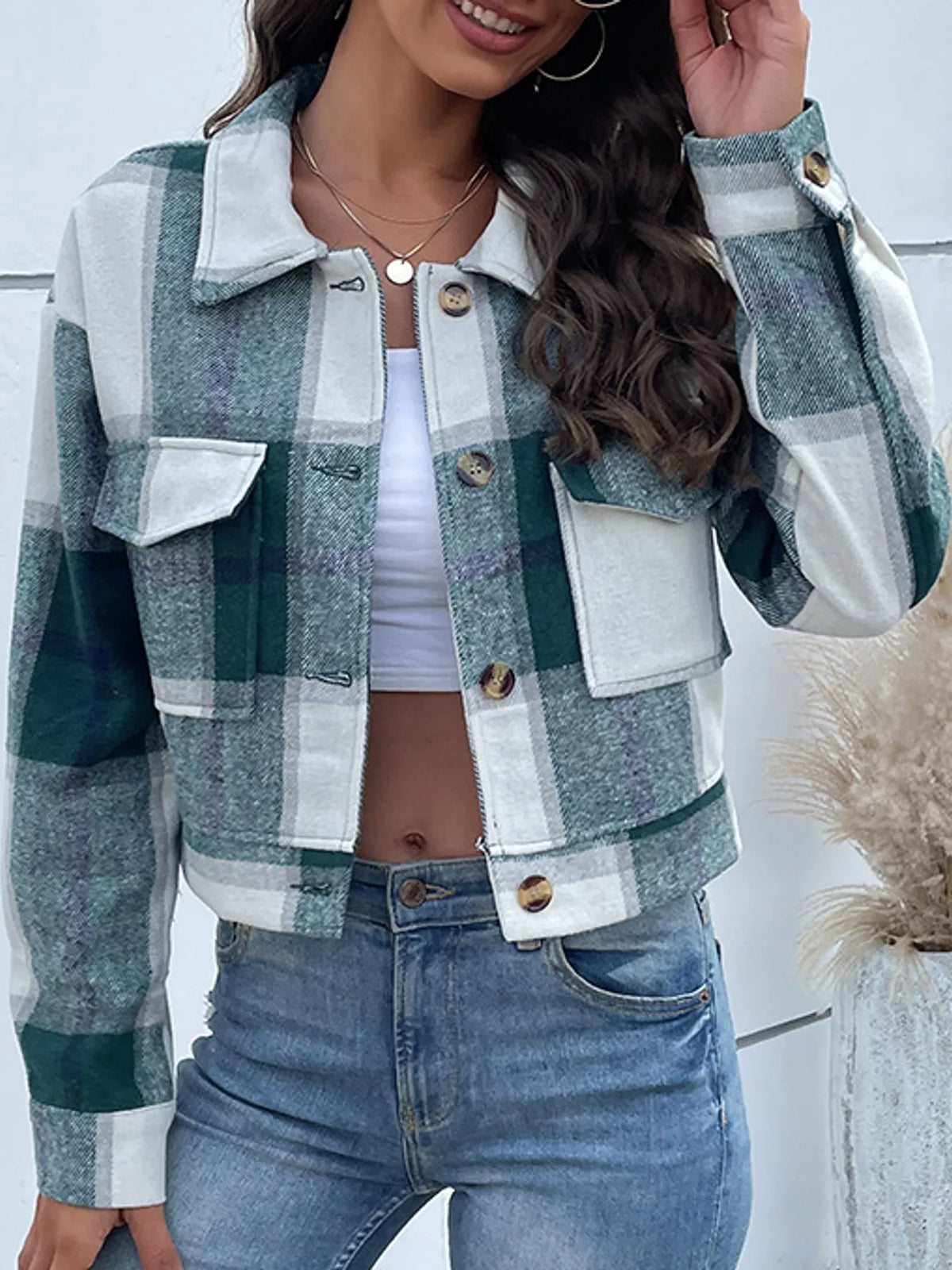 Plaid Button-Front Cropped Jacket