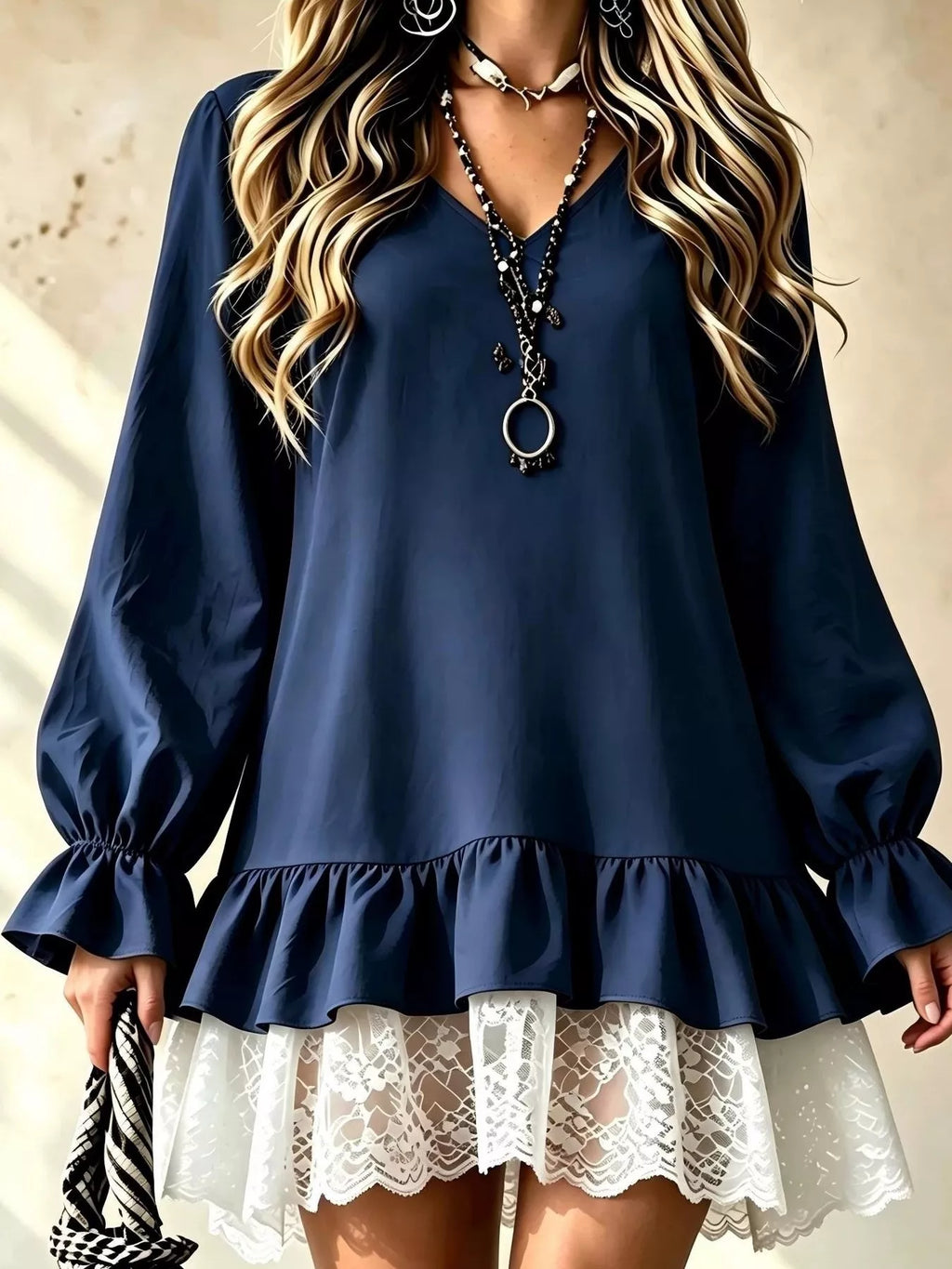 V-Neck Long Sleeve Ruffle Hem Lace Trim Mini Dress
