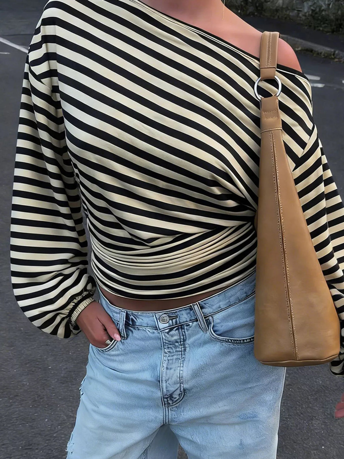 One Shoulder Striped Long Sleeve Slim-Fit T-Shirt