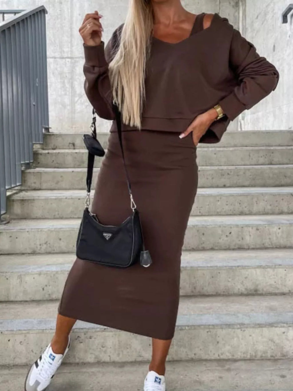 Solid Color Tank Dress and V-Neck Hoodie Set
