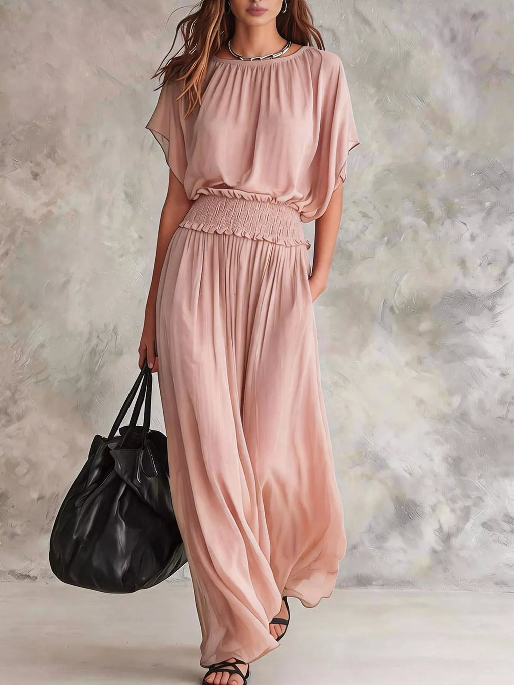 Chiffon Maxi Dress with Smocked Waist