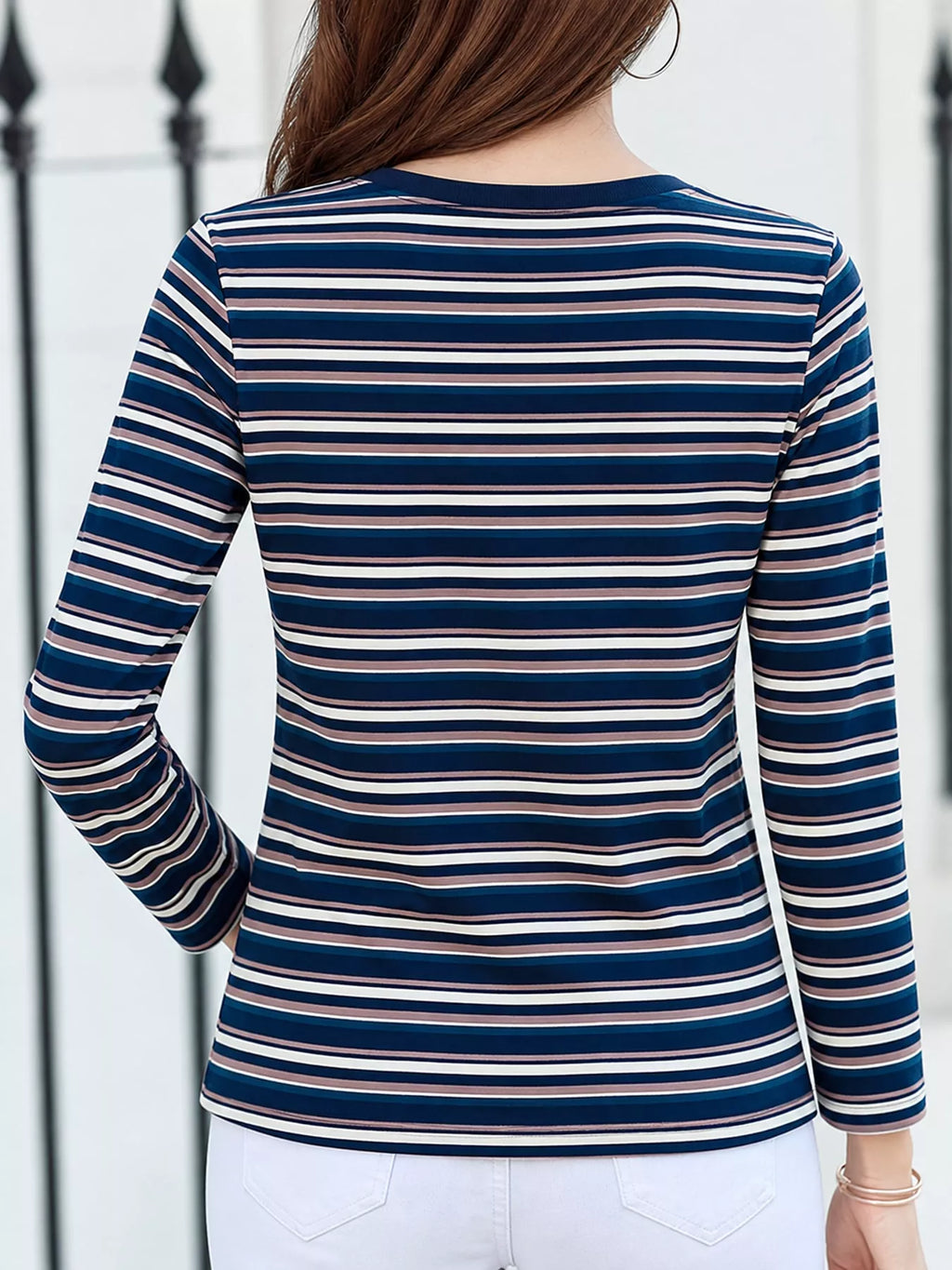 Full Size Long Sleeve Striped Crew Neck Casual T-Shirt Plus Size