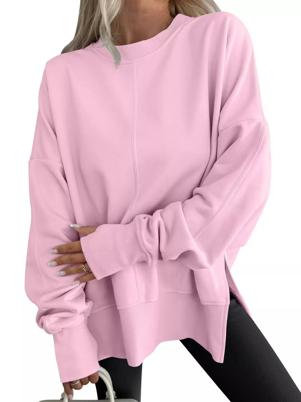 Oversized Crew Neck Sweatshirt with Side Slit