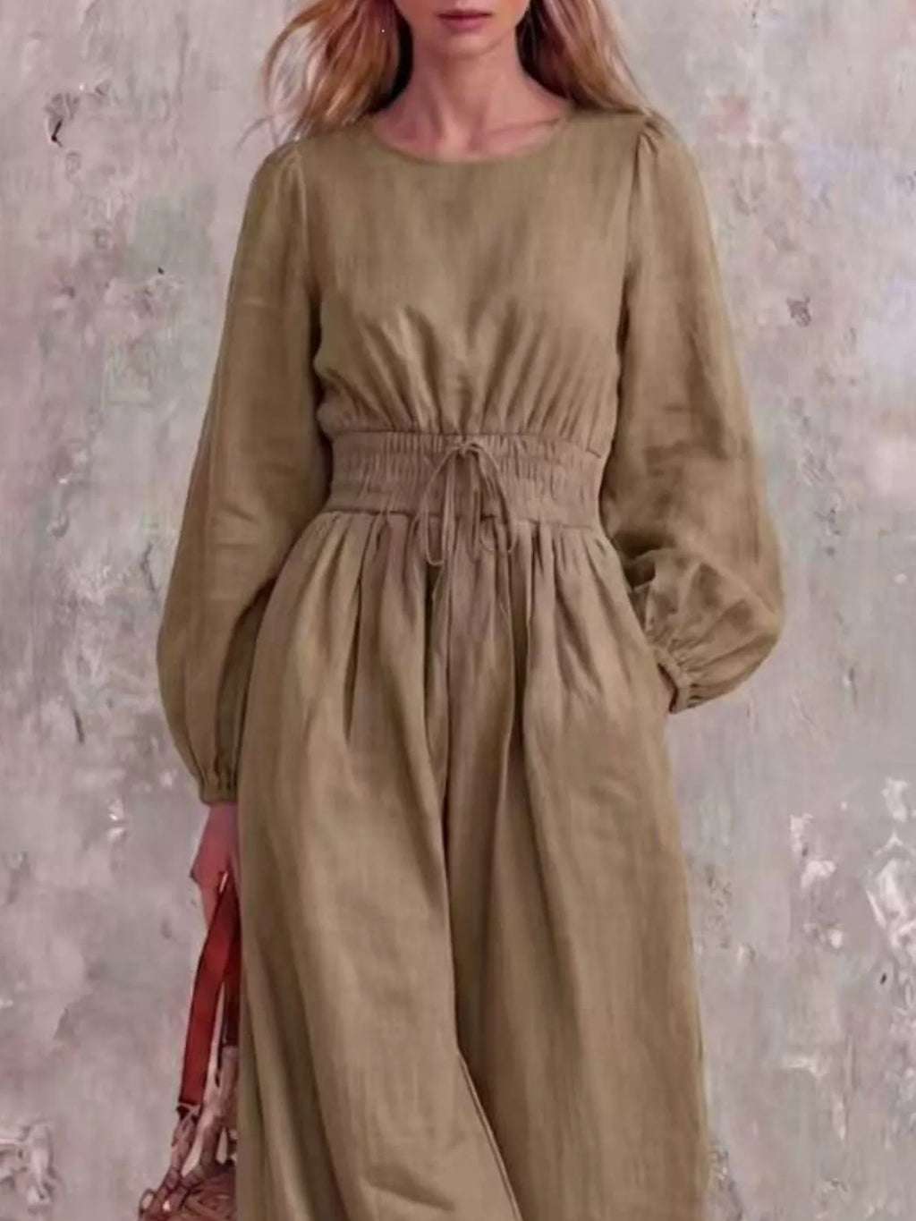 Smocked Waist Long-Sleeve Jumpsuit