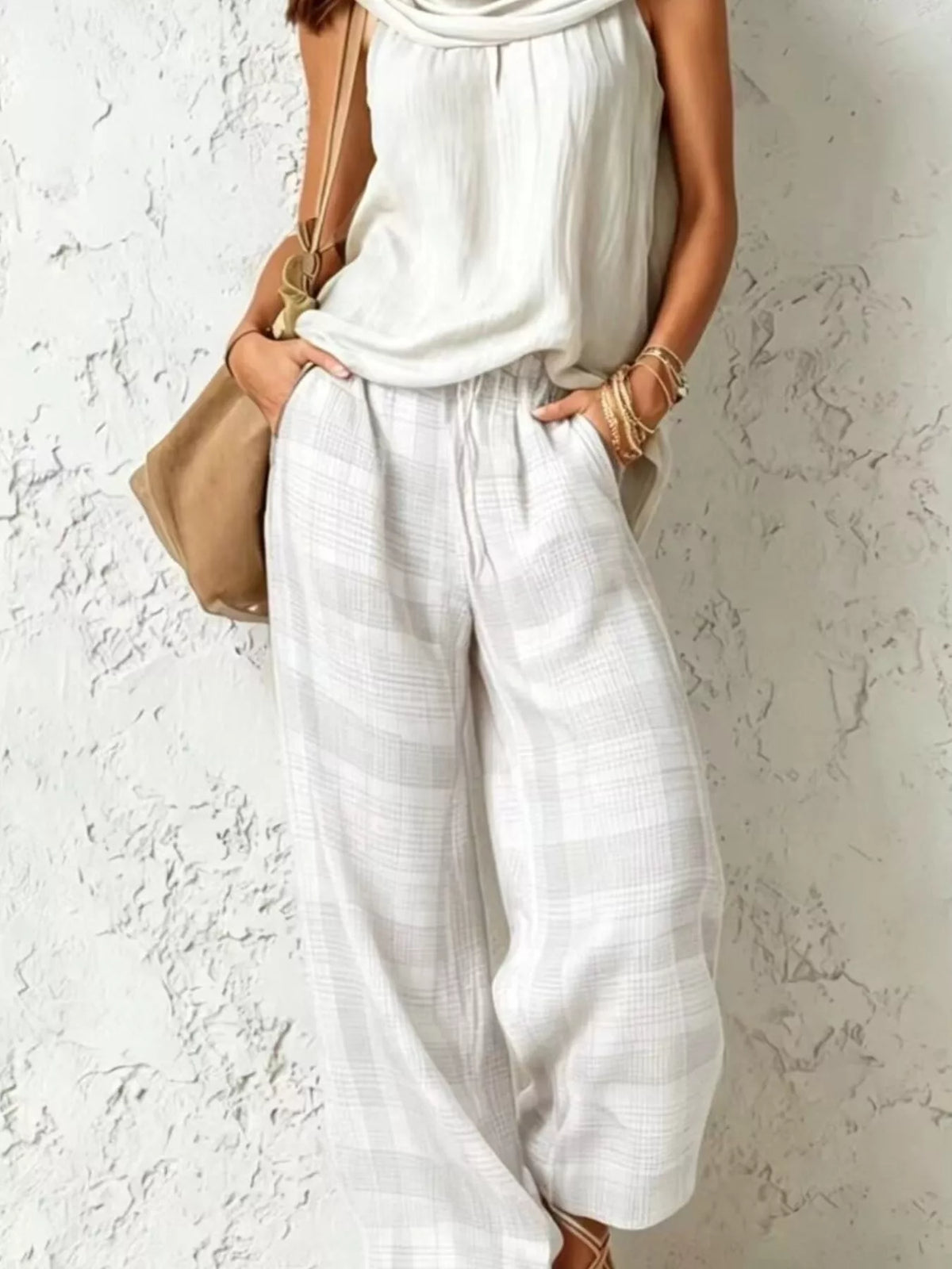 Full Size Sleeveless Cowl Neck Top and Plaid Wide-Leg Pant Two-Piece Set Plus Size