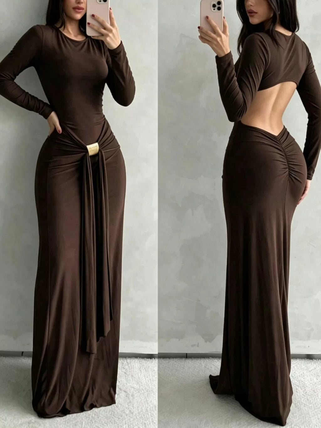 Backless Long-Sleeve Bodycon Maxi Dress with Gold-Tone Waist Buckle