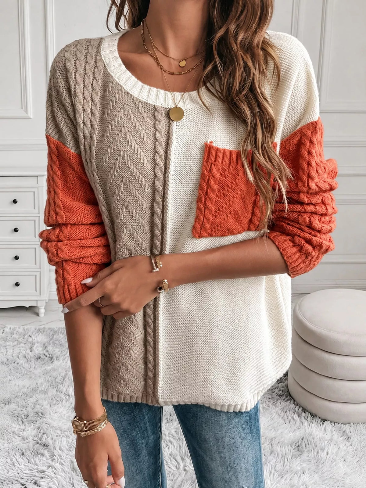 Color Block Cable Knit Sweater