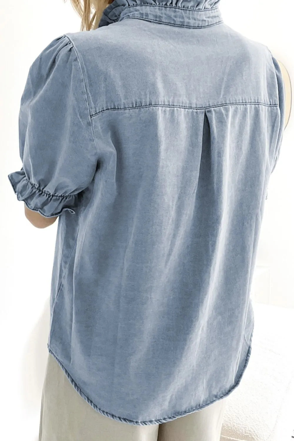 Ruffle Short Puff Sleeve Button Down Denim Shirt