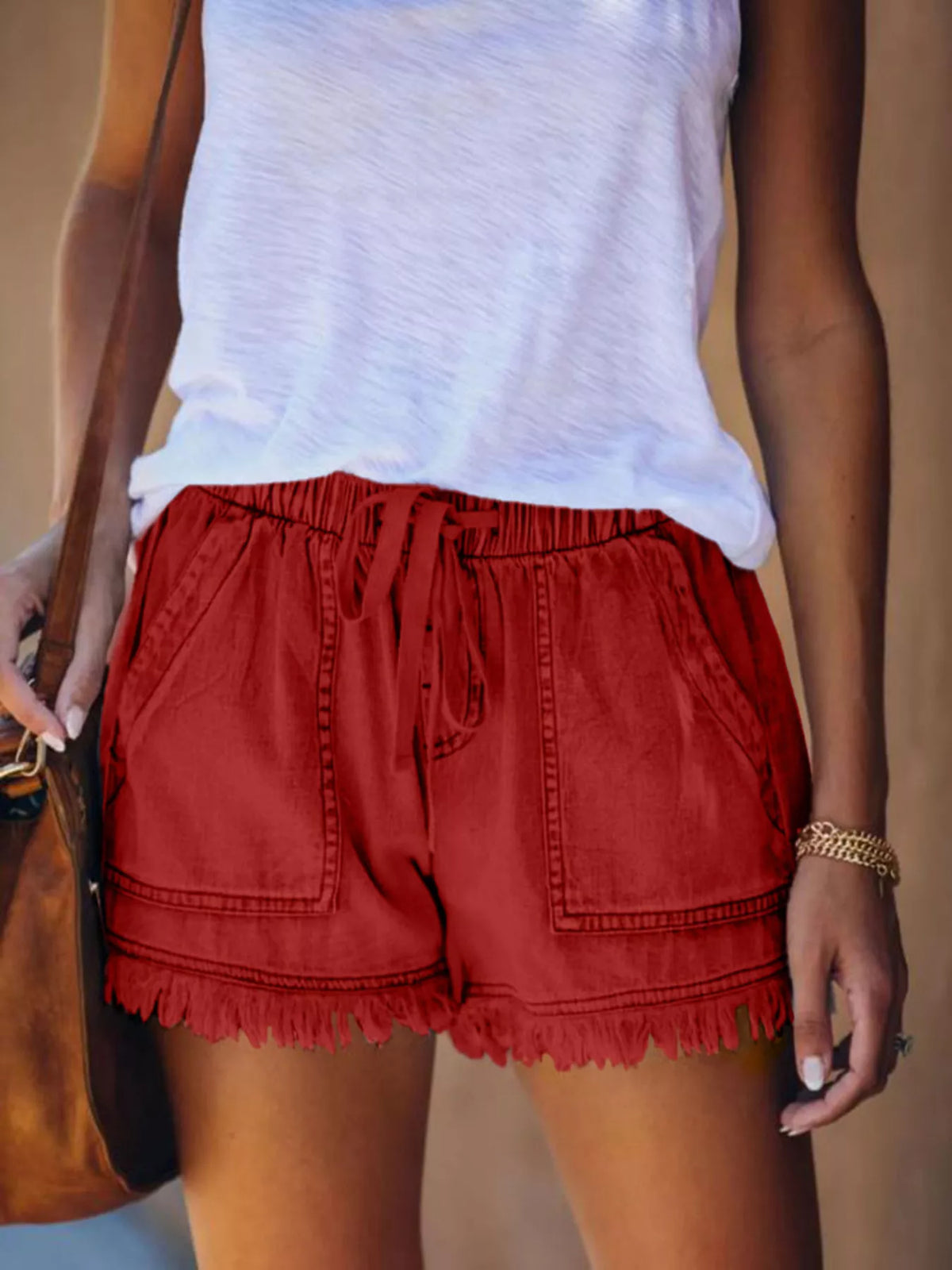 Full Size Drawstring Frayed Hem Denim Shorts Plus Size