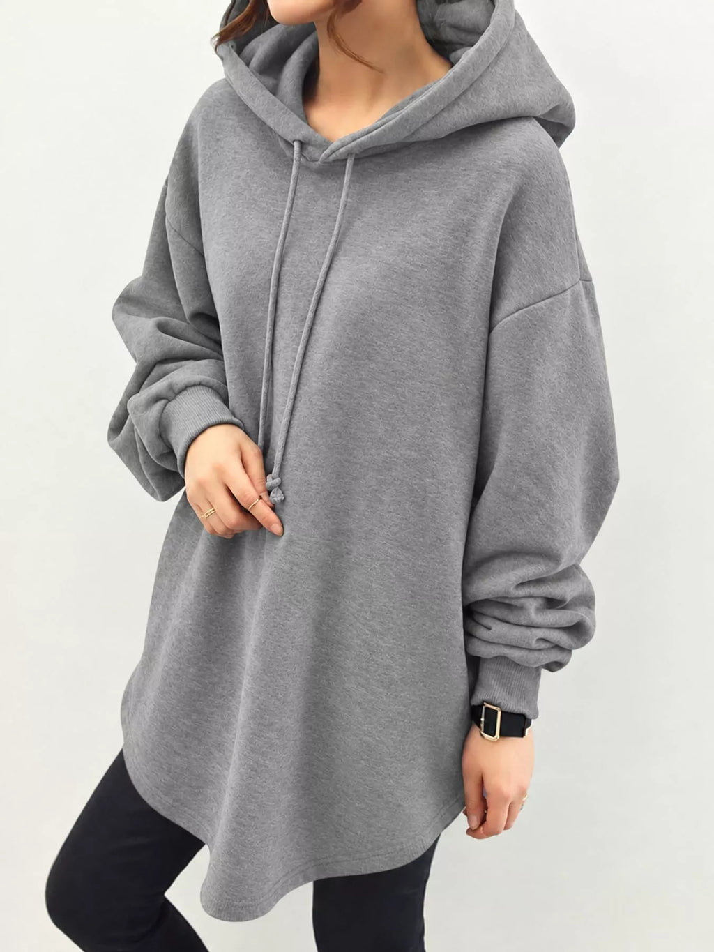 Full Size Drawstring Dropped Shoulder Hoodie Plus Size