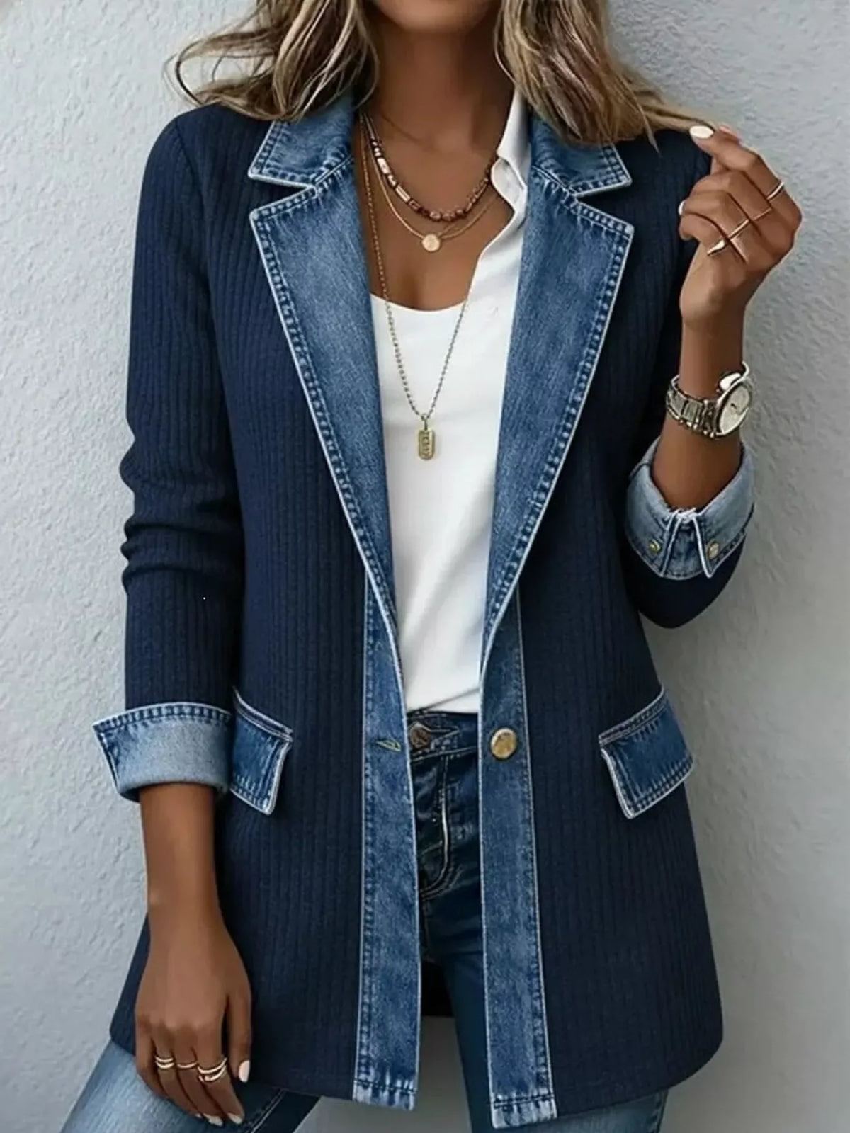Full Size Denim Trim Ribbed Knit Cardigan Plus Size