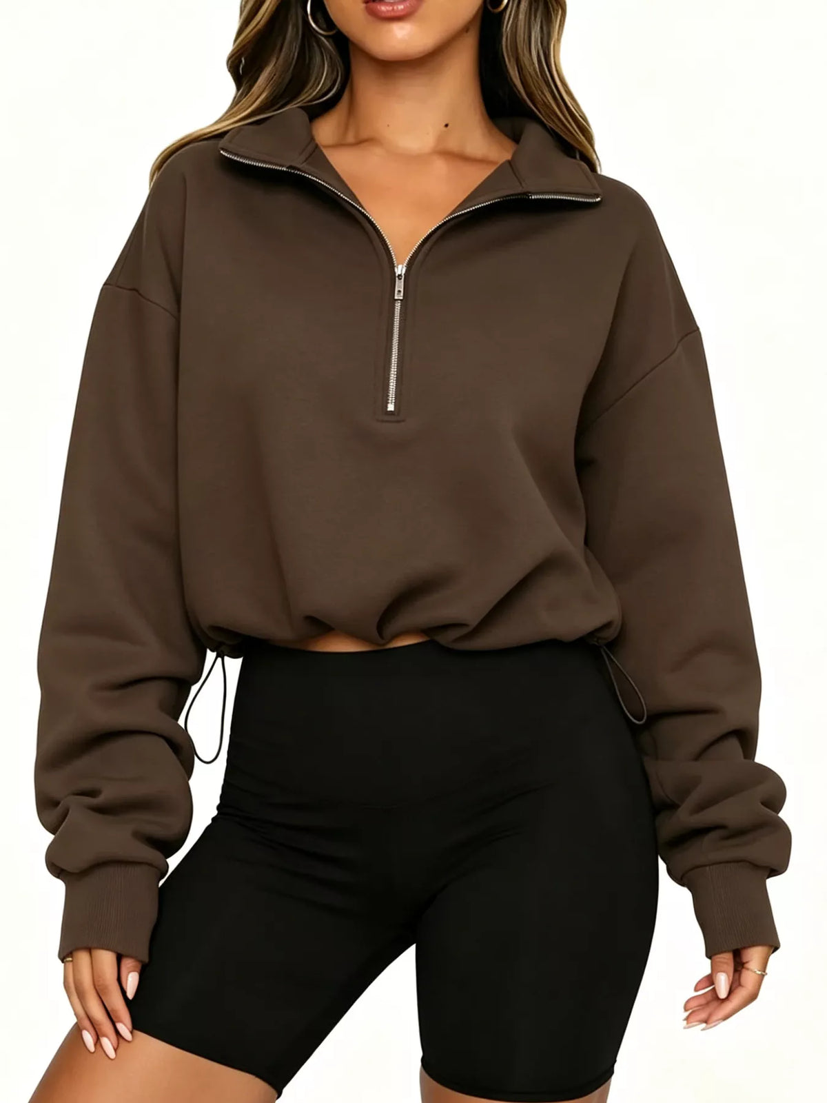 Half Zip Drawstring Hem Sweatshirt