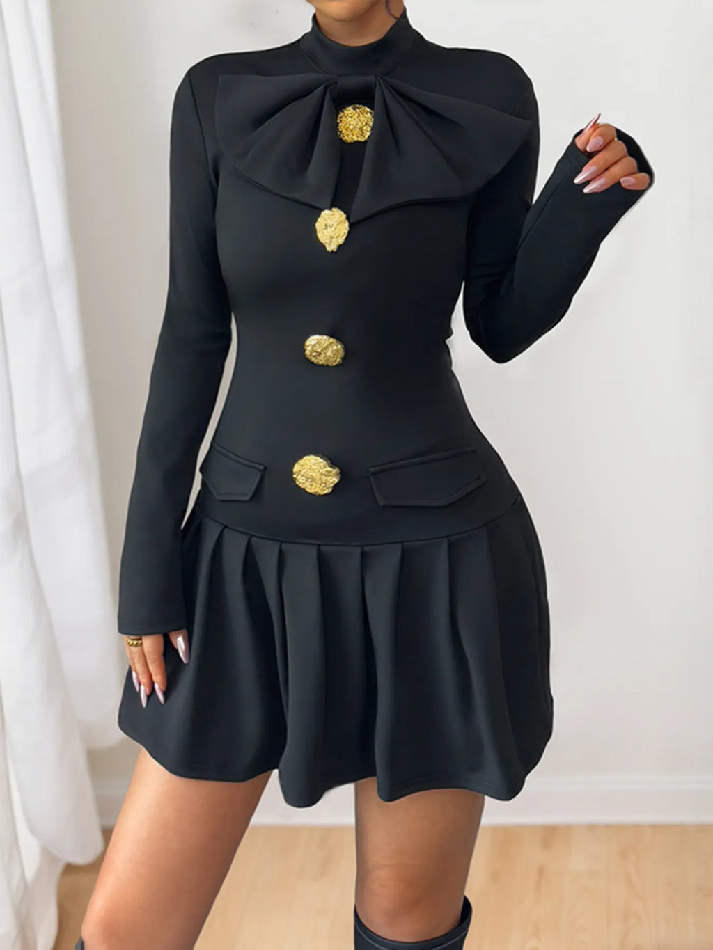 Decorative Button Mock Neck Long Sleeve Mini Dress