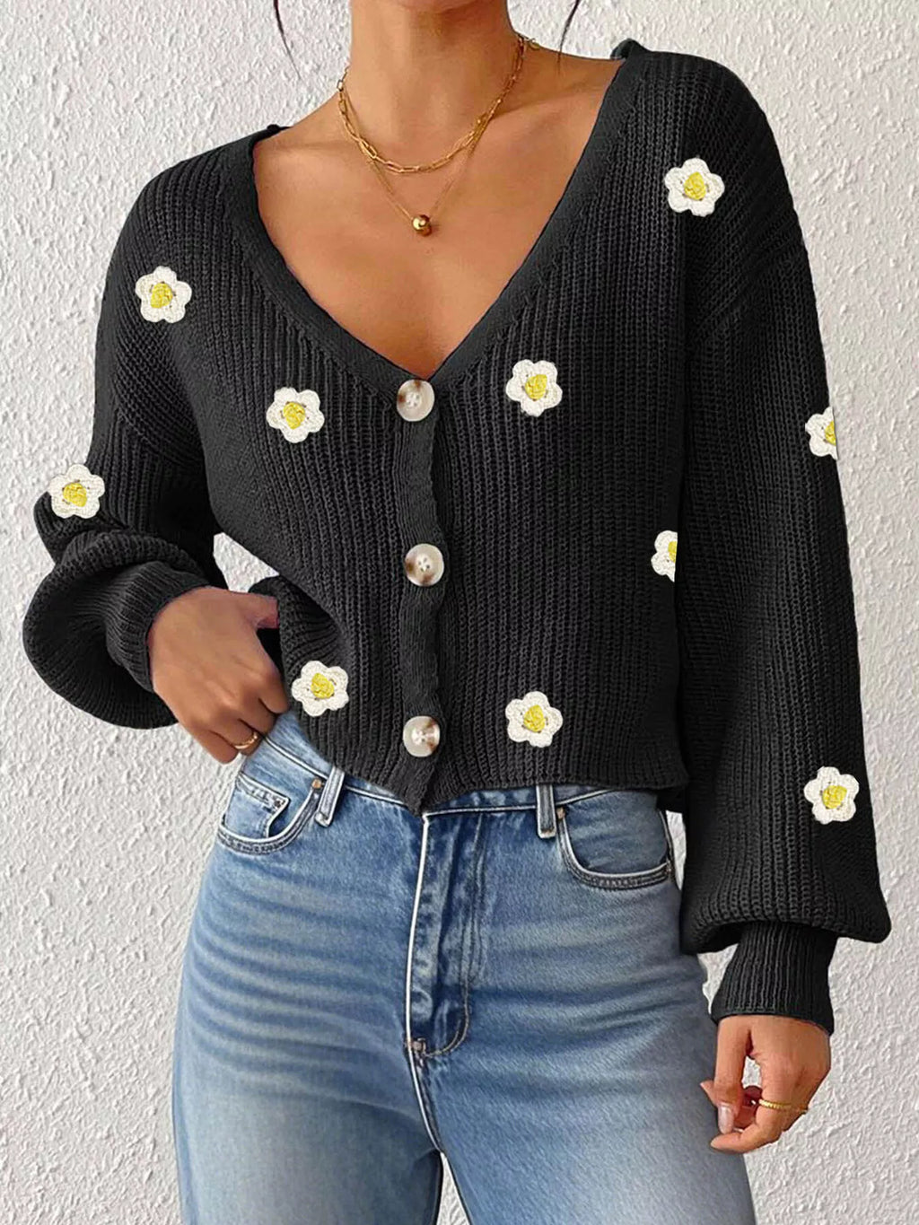 Floral V-Neck Button-Down Cropped Cardigan